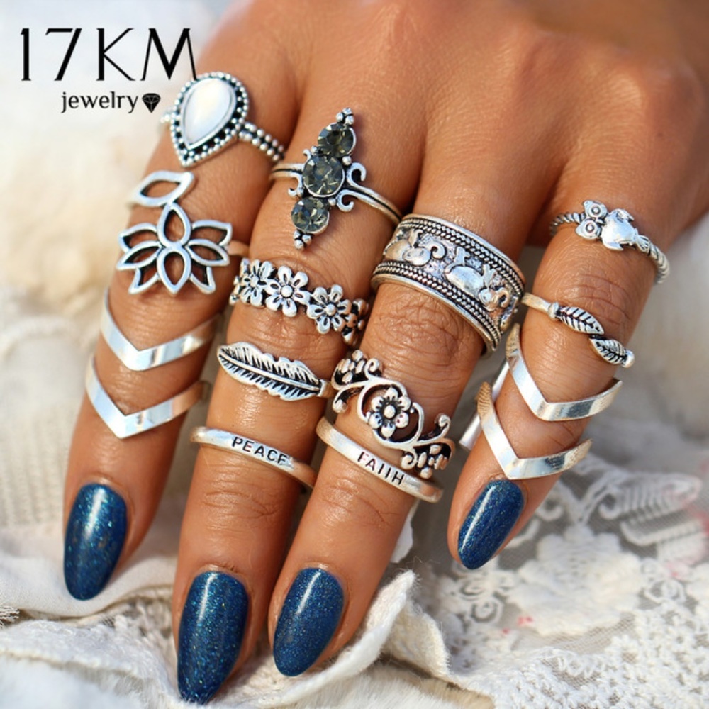17KM Vintage Leaf Flower Rings For Women